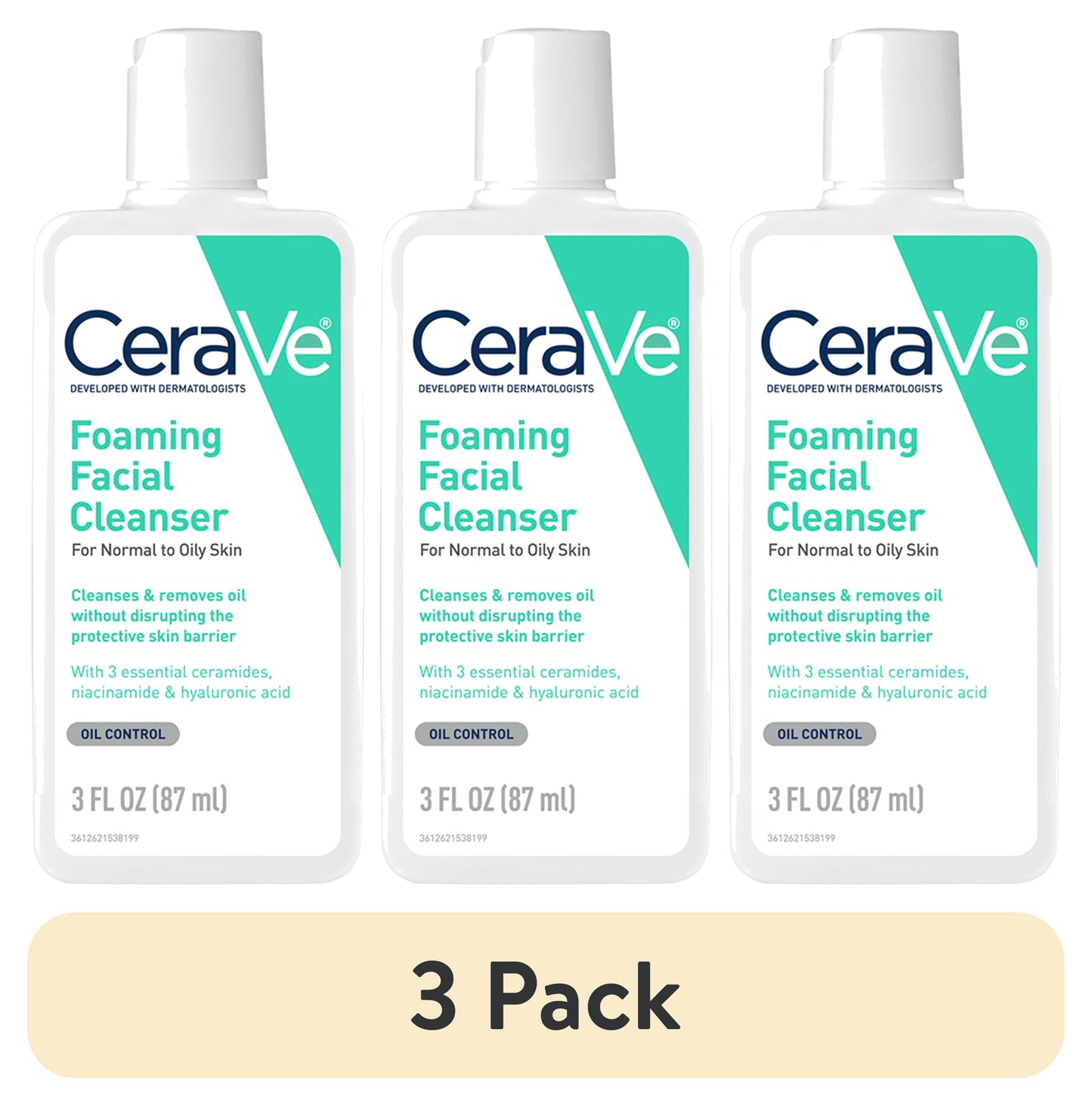 (3 Pack)  Travel Size Foaming Facial Cleanser for Normal to Oily Skin, 3 Fl Oz