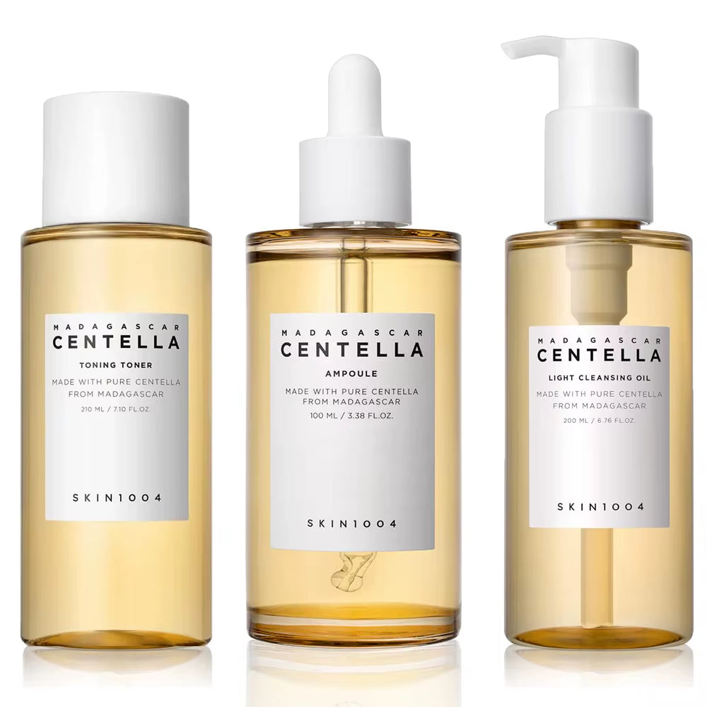 SKIN1004 Korean Skincare Set - Centella Asiatica Ampoule Essence, Light Cleansing Oil and Centella Asiatica Skincare Toner