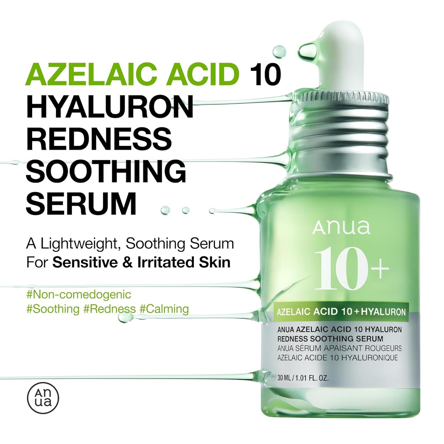 Azelaic Acid 10 Hyaluron Redness Soothing Serum, Facial Serum for Troubled & Sensitive Skin, Breakouts, Hyaluronic Acid, Niacinamide, Spot Care, Natural Color, Korean Skincare (30Ml/ 1.01 Fl Oz.)